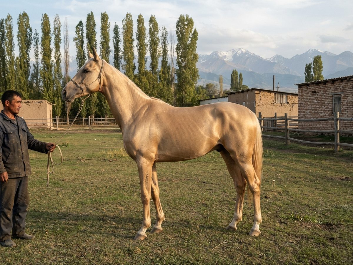 A palomino Akyel stallion at a Talas valley stud.