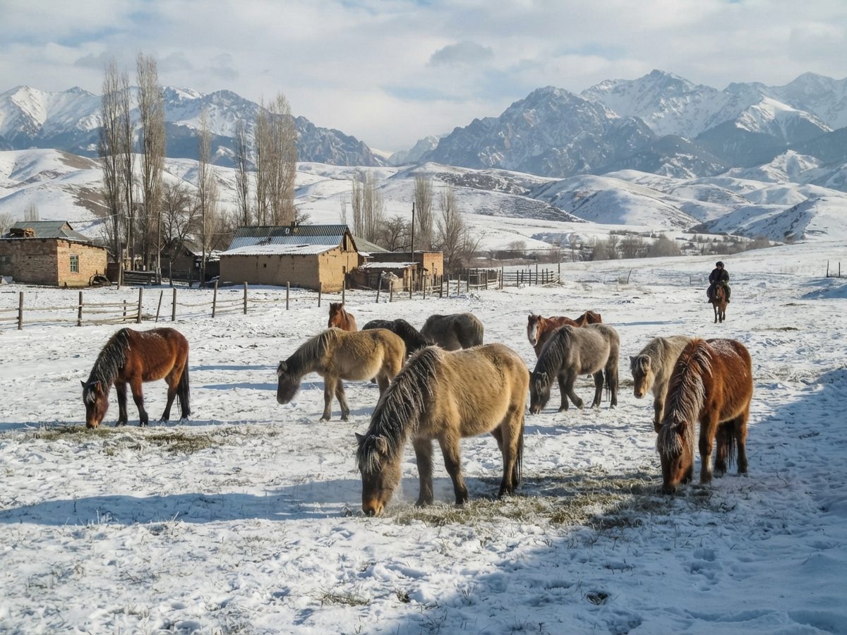 Chongtors pawing for grass in January. They winter out.