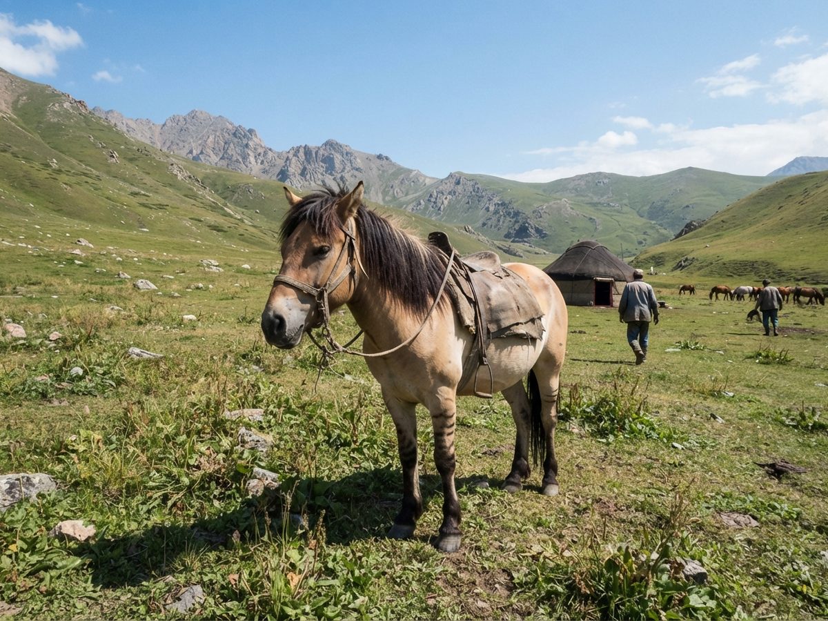 A dun Chongtor on the summer pasture, with the dorsal stripe of the dun line.